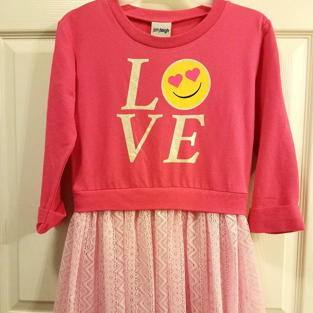 JERRY LEIGH Girls' Crochet Pink Lace Skirt Dress "Love Emoji"